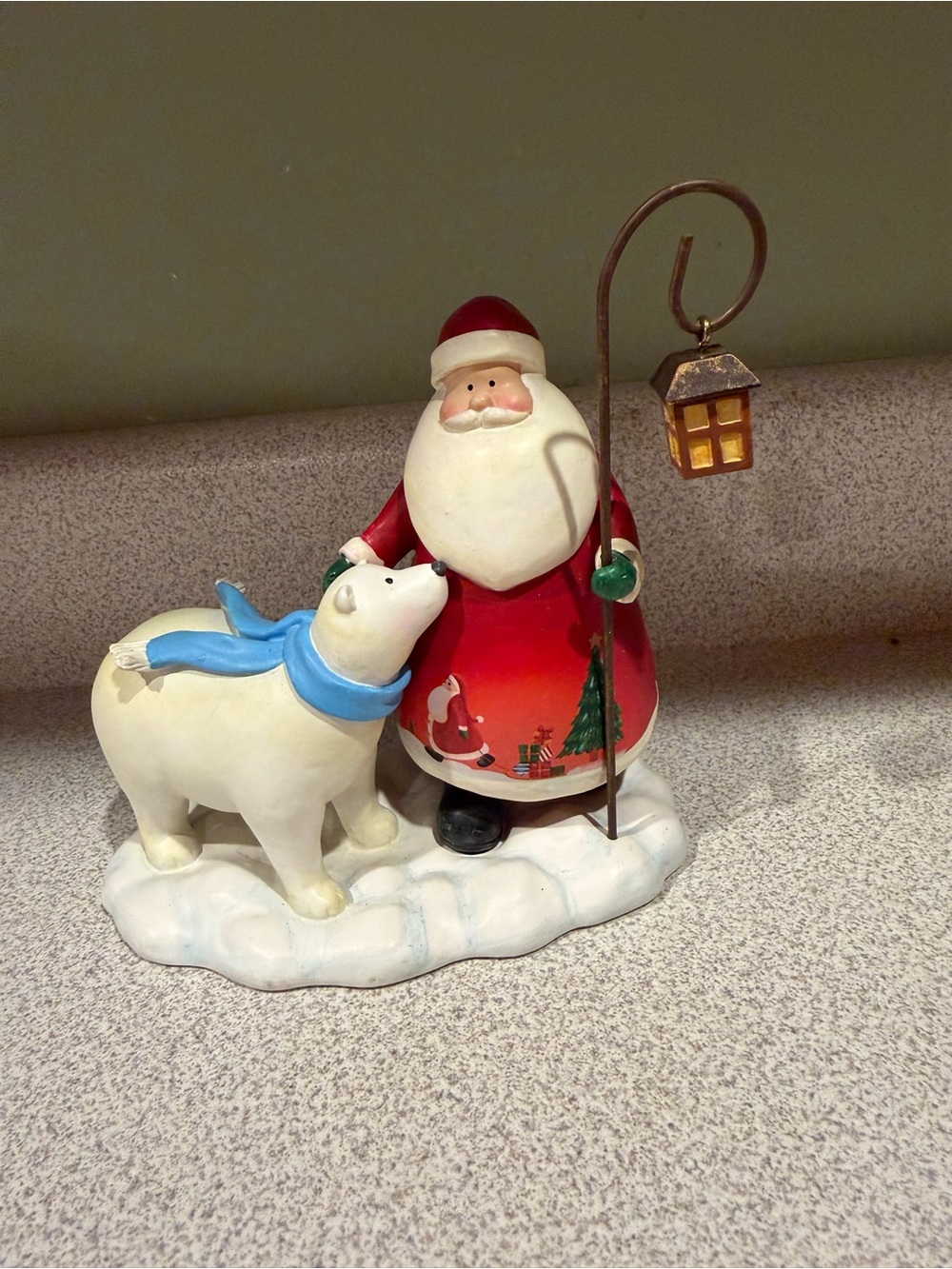 Russ Berrie Santa and Polar Bear Figurine in Red, White, and Blue Scarf